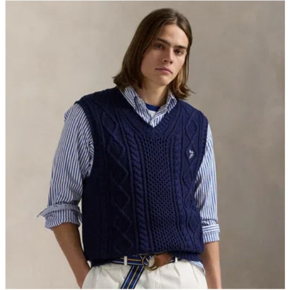 NEW Polo Ralph Lauren Aran Knit Cotton Sweater Vest Bright Navy Size Med Classic